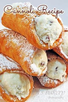 some food is stacked on top of each other with the words cannoli recipe written above it