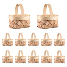 a set of nine wooden baskets with handles and straps, all in natural wood colors