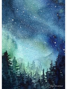 watercolor painting of the night sky with stars and trees