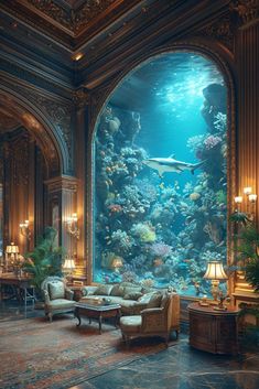 an aquarium in the middle of a living room with couches and lamps on either side