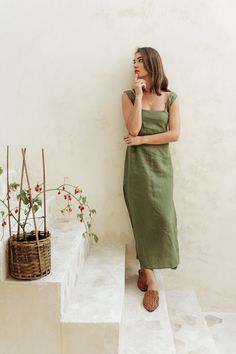 Elegant Lifestyle, Polished Casual, Conscious Consumer, Sustainable Lifestyle, Studio Shoot, Earth Friendly, Unique Dresses, Moss Green, Linen Clothes