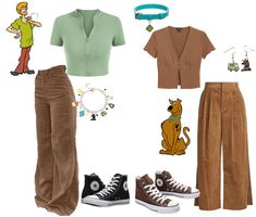 the scooby girl costume includes brown pants, green shirt and black sneakers