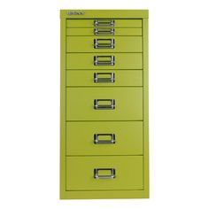 a green filing cabinet with five drawers on each side and four chrome pulls in the middle