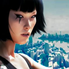 a woman with black hair standing in front of a city