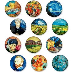 a bunch of buttons with some paintings on them