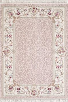 a white rug with pink flowers on it