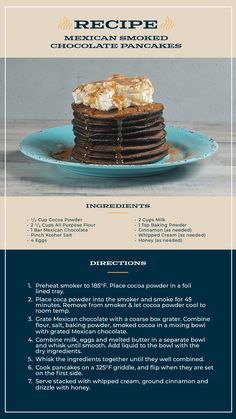 the recipe for chocolate pancakes with whipped cream on top is shown in blue and white