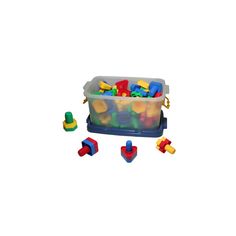 a plastic container filled with lots of colorful toys