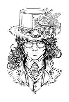 a girl with glasses and a hat on her head in the style of steampunk