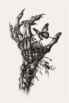 a black and white drawing of a human hand with butterflies on the thumbnails