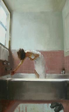 a painting of a woman washing her hands in a bathtub with the window open