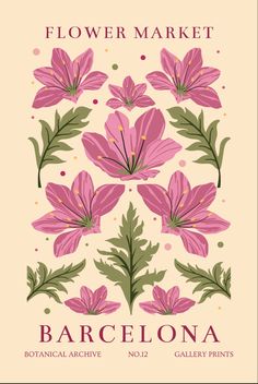 a flower market poster with pink flowers and green leaves