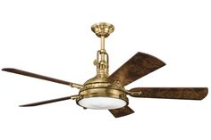 a ceiling fan with two wooden blades and a light fixture on the top of it