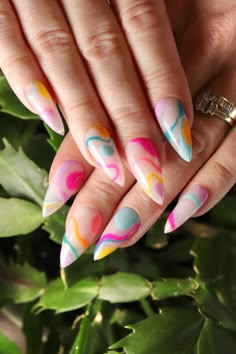 Wavy Nails, Do It Yourself Nails, Nails Hot Pink, Nails Design Short, Fresh Nails, Nails Short Acrylic, Swirl Nails, Nails Neon, Nails Colorful