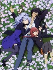 three anime characters laying on the ground in front of flowers and grass with their arms around each other