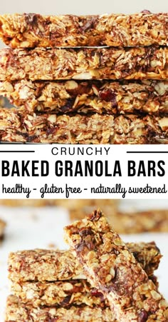 granola bars stacked on top of each other with the words, crunchy baked granola bars