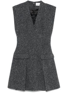 cool grey tweed concealed rear zip fastening V-neck cap sleeves fitted waistline two front flap pockets pleat detailing full lining above-knee length Combo Dress, Grey Tweed, Wardrobe Edit, Dress Suit, Tweed Dress, Boots Fall, Exclusive Fashion, Dress Suits, Coat Dress