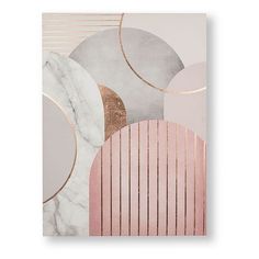 an abstract painting with pink, grey and gold circles on the wall in front of it