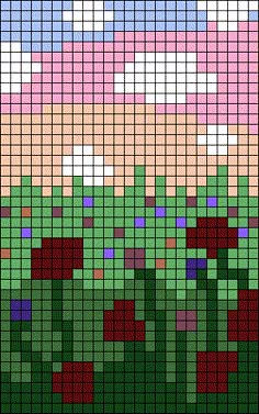 a cross stitch pattern with flowers and clouds in the background