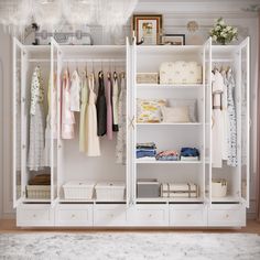 a white closet filled with lots of clothes and other items on shelves next to a rug