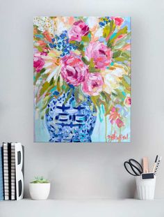 Saturday Bouquet Canvas Wall Art - GreenBox Art Pink And Blue Fall Decor, Paintings For Grandma, Topiary Painting, Painting For Office Wall, Ginger Jar Painting, Cloisonne Art, Oil Still Life, Jar Painting, Still Life Pictures