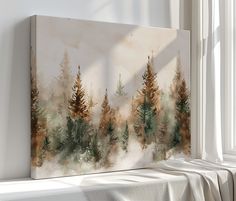 a painting on a wall next to a window with the sun shining through it and trees in the background