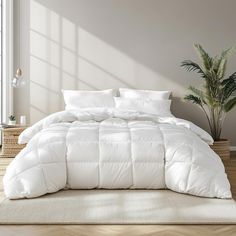 a large white bed sitting in a bedroom next to a potted plant and window