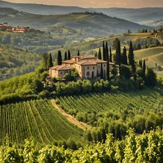 an old house sits on top of a hill surrounded by trees and hills in the distance