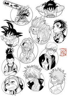 an image of some anime characters in black and white ink, with different expressions on them