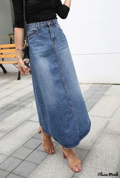 Olivia Mark - Long Denim High-Waisted A-line Skirt Trendy Full-length Denim Blue Skirt, Casual Full-length Relaxed Denim Skirt, Non-stretch Long Denim Skirt, Non-stretch Long Denim Blue Skirt, Casual Full-length Denim Skirt With Frayed Hem, Midi Denim Skirt, Midi Denim, Lined Jeans, Denim Midi Skirt