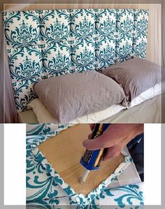 a person using a brush to paint a bed headboard with blue and white damask