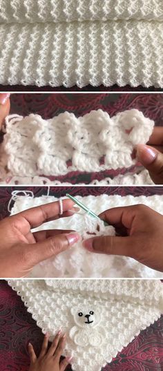 the crochet pattern is being used to make a teddy bear blanket for someone's bed