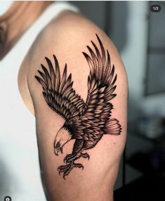 an eagle tattoo on the left arm and shoulder is shown in black ink with white background