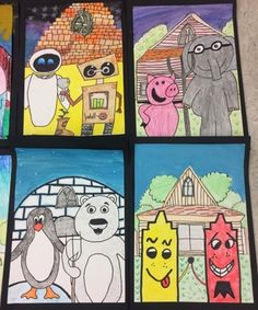 four different colored pictures with animals and houses in the background, one is drawn on paper