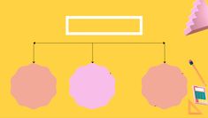 a yellow wall with three pink balls hanging from it's sides and a computer on the other side