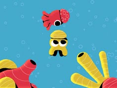 an underwater scene with two fish, one red and the other yellow inflatable