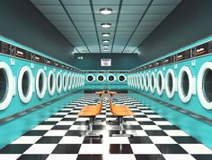 a long row of chairs sitting in front of washers on a checkered floor