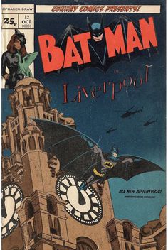 an old comic book cover with batman flying over the clock tower and bat man on it