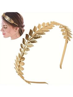 a woman wearing a gold headband with leaves on it and a photo of her face