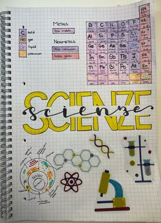 a spiral notebook with the words science on it and some drawings in front of it