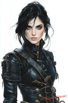 a drawing of a woman with black hair and piercings on her head, wearing a leather outfit