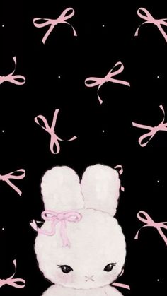 a painting of a white rabbit with pink bows on its head and eyes, sitting in front of black background