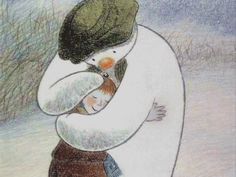 a drawing of a boy hugging a snowman with his arms wrapped around the head