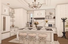 a white kitchen with four stools in front of the island and two ovens