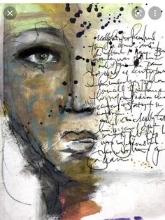 an abstract painting with writing on it and a woman's face in the background