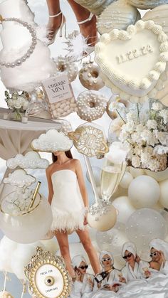 a collage of white and gold items with woman in the middle, surrounded by balloons