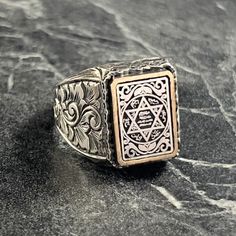 Men Seal Of King Solomon Silver Ring , Men Solomon Signet Ring , New Arrival Ring , Star Of David Jewelry , 925K Protection Rings For Men , Gift For Him , Same Day For Shipping ✧ Product Details * Handmade İtem * Gender : Male / Female * Material : 925K Sterling Silver * Ring Weight : 14.5 Grams ✔ Usage Details * Silver jewelry is very sensitive to chemicals. It is recommended to keep away from chemical substances such as cream, bleach, deodorant, detergent. * Silver jewelry can also darken quickly in salt water, that is, in sea water. For this reason, it is best to remove them when swimming in the sea. ✔ Shipping * Your orders placed on weekdays are delivered to the cargo on the same day. Your orders placed on the weekend are delivered to the cargo on Monday. ✔ Other Details * Our product Spiritual White Gold Engraved Ring, King Solomon Seals Protection, Silver Engraved Star Of David Ring, Protection Rings, Luxury Silver Men's Ring With Spiritual Style, Seal Of Solomon Ring, Silver Ring Men, Solomon Seal, King Solomon Seals