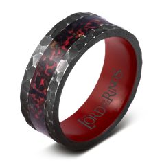 two red and black rings with an animal print inlay on the inside of them