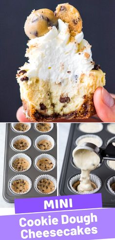 mini cookie dough cheesecakes in muffin tins with the title overlay