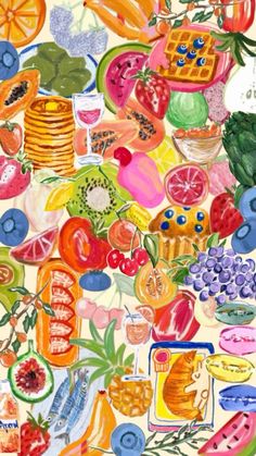 a painting of fruits and vegetables on a white background